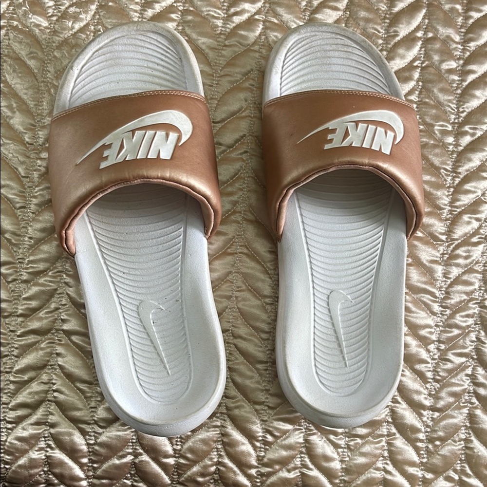 Nike Gold and White Sandals with Contoured Footbed